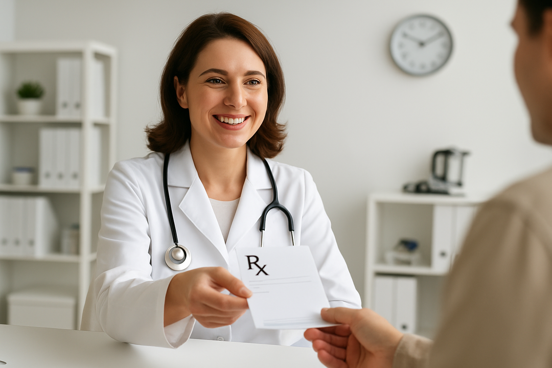 healthcare provider handing a patient a prescription